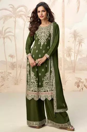 Mehndi green embroidery & sequins work chinnon silk straight palazzo suit - free size stitching (size upto 42")