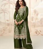 Mehndi green embroidery & sequins work chinnon silk straight palazzo suit - free size stitching (size upto 42")
