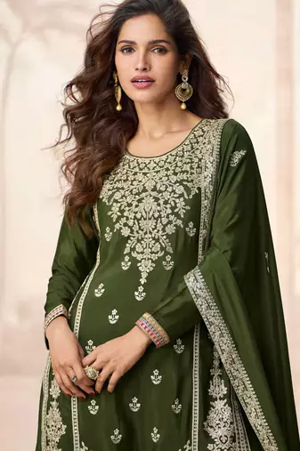 Mehndi green embroidery & sequins work chinnon silk straight palazzo suit - free size stitching (size upto 42")