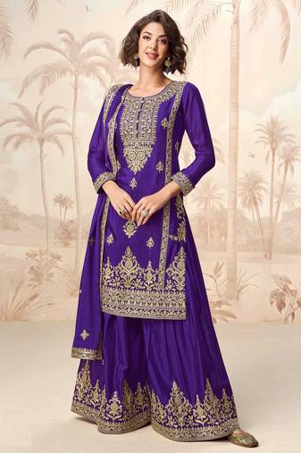 Purple embroidery & sequins work chinnon silk straight palazzo suit - free size stitching (size upto 42")