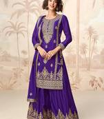 Purple embroidery & sequins work chinnon silk straight palazzo suit - free size stitching (size upto 42")