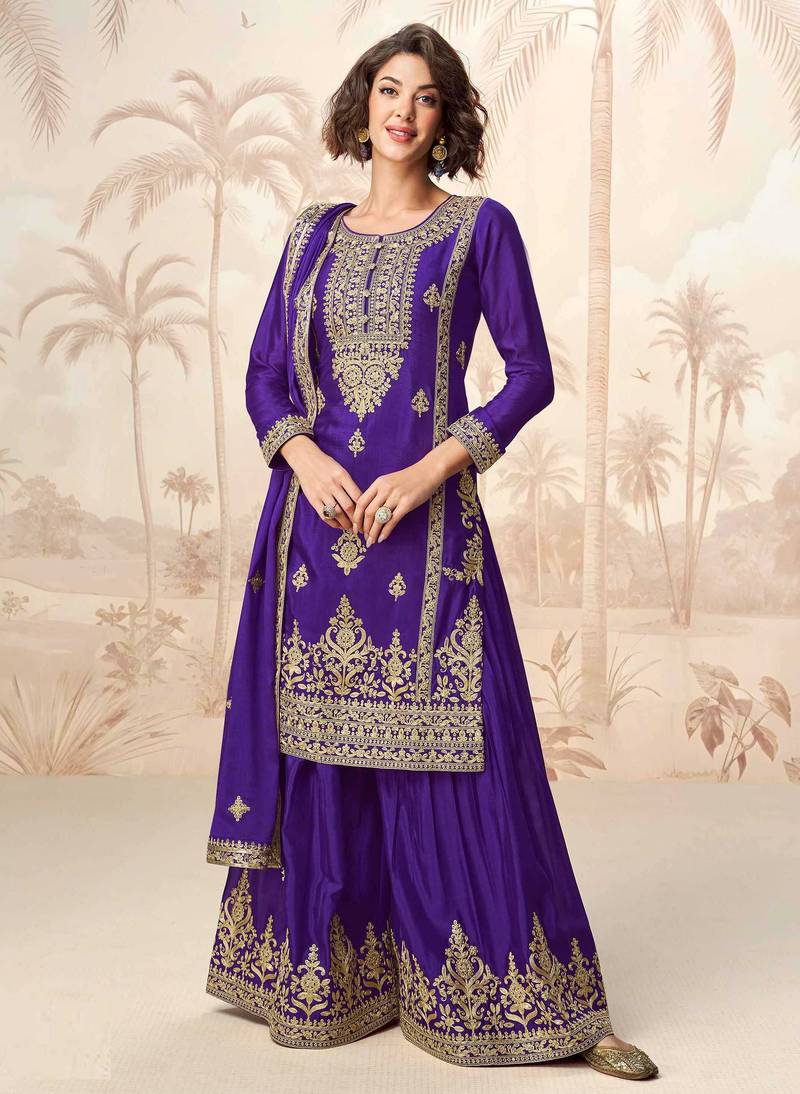 Purple embroidery & sequins work chinnon silk straight palazzo suit - free size stitching (size upto 42")