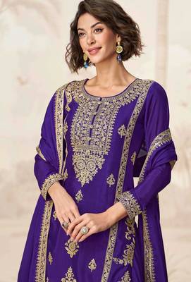 Purple embroidery & sequins work chinnon silk straight palazzo suit - free size stitching (size upto 42") 2