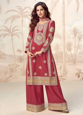 Rust embroidery & sequins work chinnon silk straight palazzo suit - free size stitching (size upto 42") 1