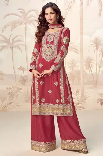 Rust embroidery & sequins work chinnon silk straight palazzo suit - free size stitching (size upto 42")