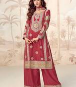 Rust embroidery & sequins work chinnon silk straight palazzo suit - free size stitching (size upto 42")