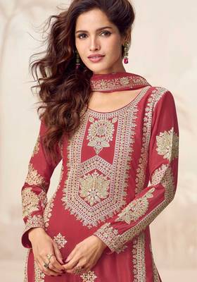 Rust embroidery & sequins work chinnon silk straight palazzo suit - free size stitching (size upto 42") 2