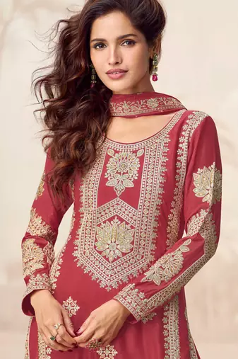 Rust embroidery & sequins work chinnon silk straight palazzo suit - free size stitching (size upto 42")