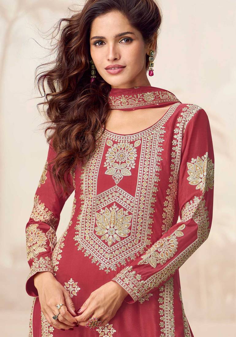 Rust embroidery & sequins work chinnon silk straight palazzo suit - free size stitching (size upto 42")