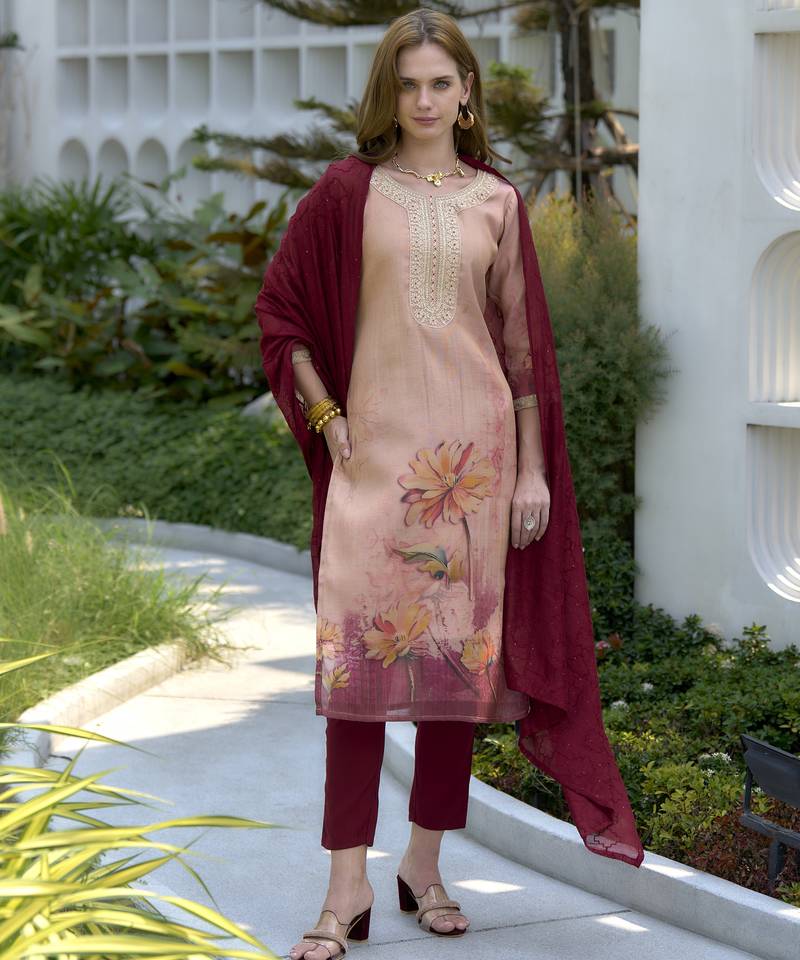 Tissue with floral print and embroidery party wear kurti set