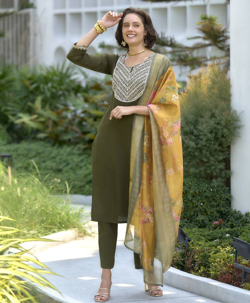 Viscos-rayon with embroidered work party wear kurti set