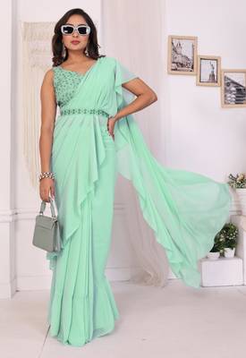 ready to wear new collection georgette ruffle style saree with embroidery blouse & belt 1