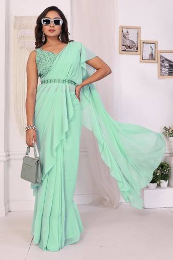 New Collection Georgette Ready to Wear Ruffle Style Saree With Amazing Embroidery Blouse & Belt