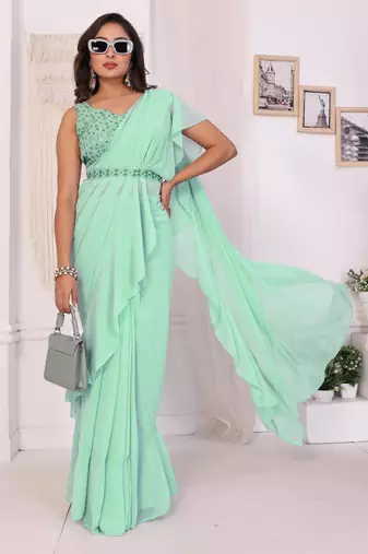 New Collection Georgette Ready to Wear Ruffle Style Saree With Amazing Embroidery Blouse & Belt