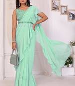 ready to wear new collection georgette ruffle style saree with embroidery blouse & belt