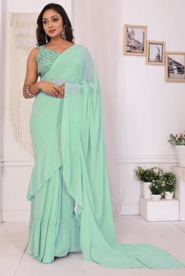 ready to wear new collection georgette ruffle style saree with embroidery blouse & belt 2