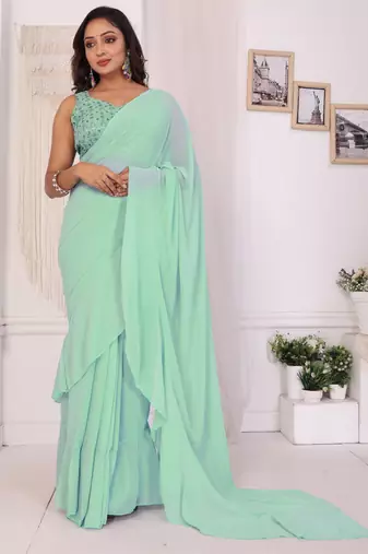 ready to wear new collection georgette ruffle style saree with embroidery blouse & belt