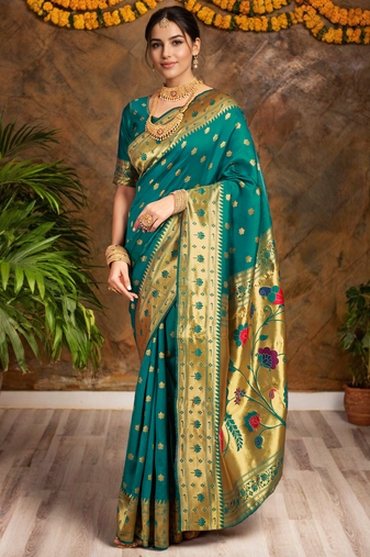 Green traditional paithani silk saree with zari detailing – party & wedding wear with blouse