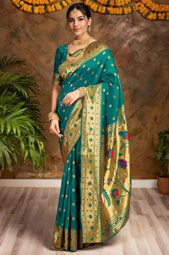 Green paithani silk blend saree with zari detailing