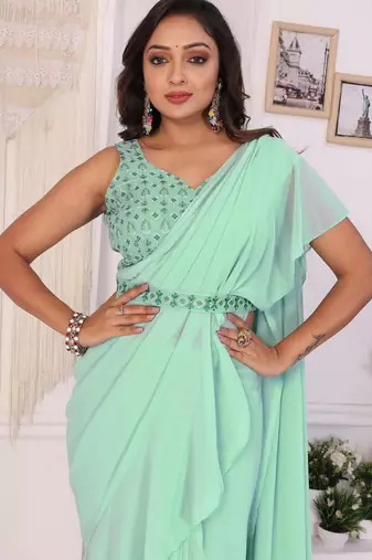 ready to wear new collection georgette ruffle style saree with embroidery blouse & belt