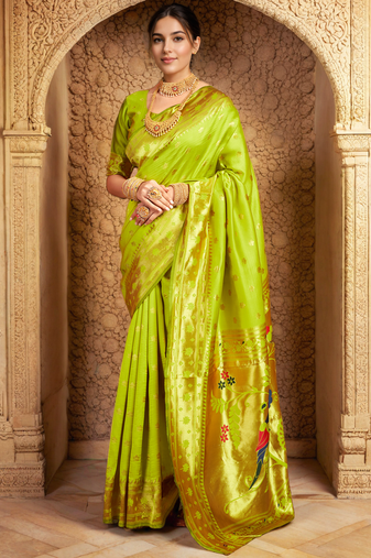 Lime green paithani silk blend saree with zari detailing and blouse