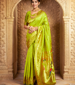 Lime green paithani silk blend saree with zari detailing and blouse