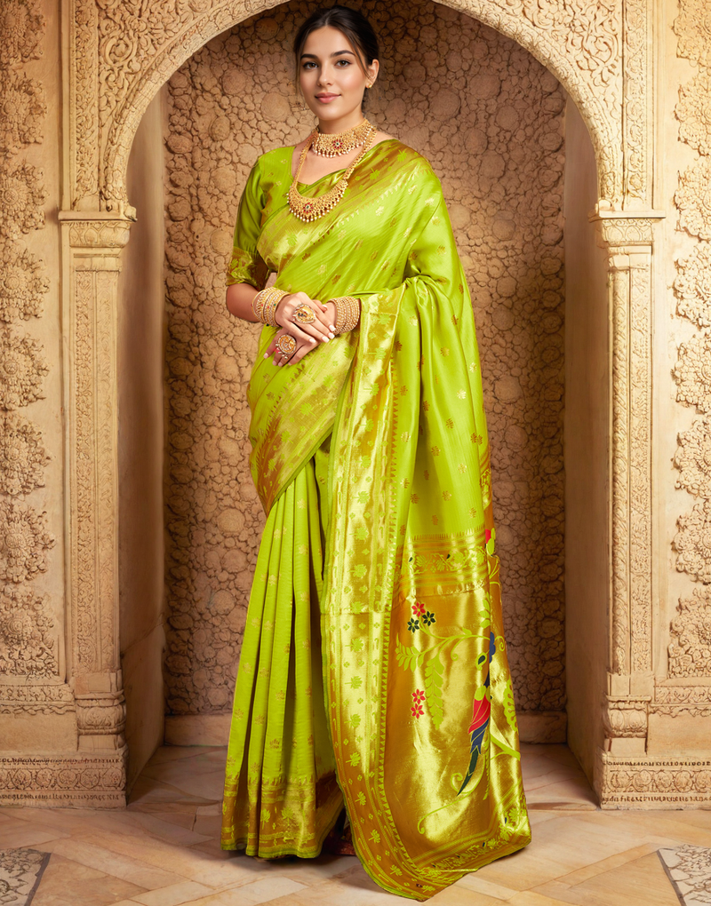 Lime green paithani silk blend saree with zari detailing and blouse