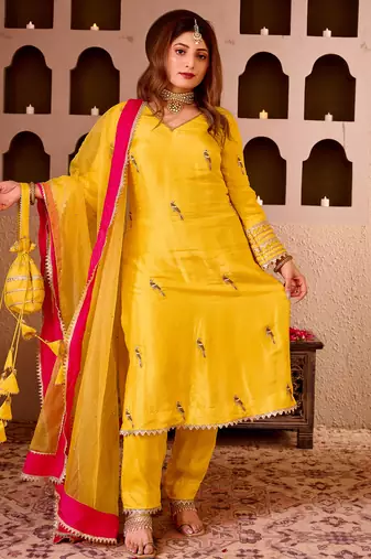 Panchi yellow silk hand embroidered suit set