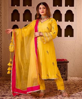 Panchi yellow silk hand embroidered suit set 3