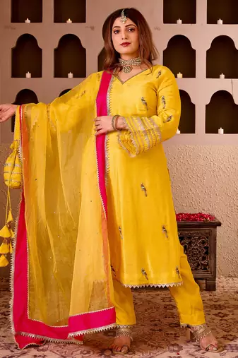 Panchi yellow silk hand embroidered suit set