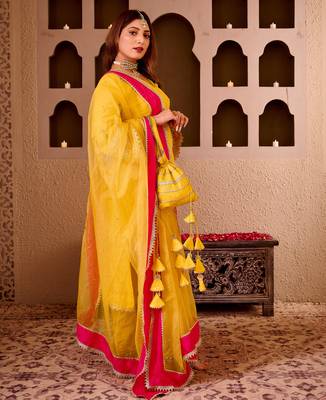Panchi yellow silk hand embroidered suit set 4