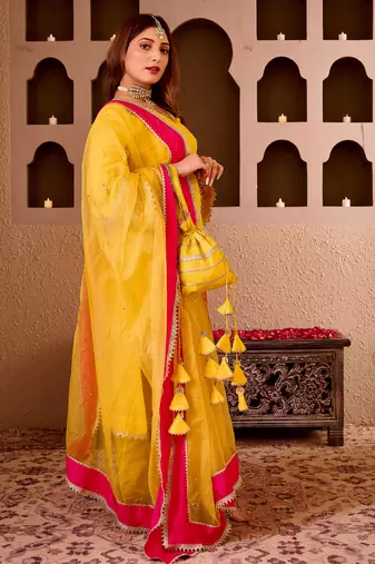 Panchi yellow silk hand embroidered suit set