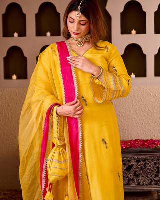 Panchi yellow silk hand embroidered suit set 5