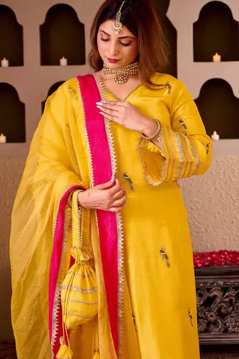 Panchi yellow silk hand embroidered suit set