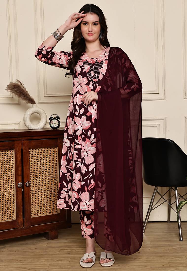 Rajnandini women's cotton blend  floral printed kurta & pant with dupatta