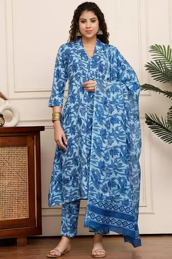 Rajnandini women's cotton blend  floral printed kurta & pant with dupatta