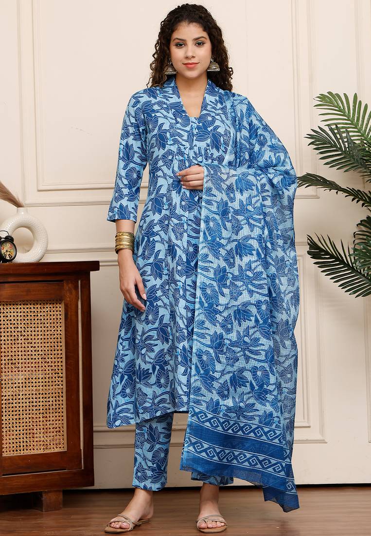 Rajnandini women's cotton blend  floral printed kurta & pant with dupatta
