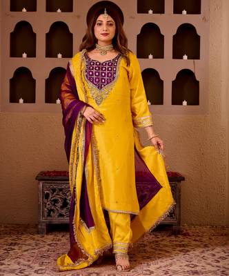 Sheeshphool yellow silk hand embroidered suit set 2