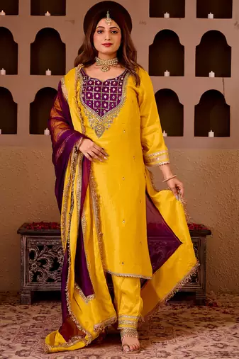 Sheeshphool yellow silk hand embroidered suit set