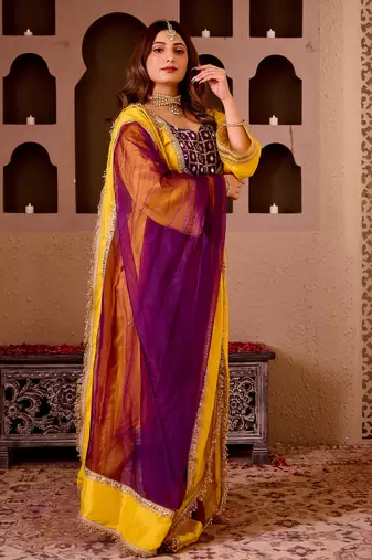 Sheeshphool yellow silk hand embroidered suit set