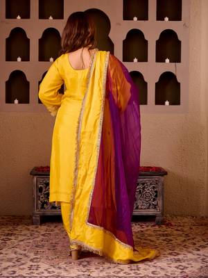 Sheeshphool yellow silk hand embroidered suit set 4