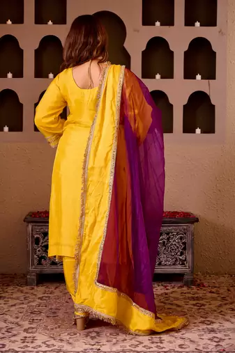 Sheeshphool yellow silk hand embroidered suit set