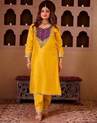 Sheeshphool yellow silk hand embroidered suit set 5