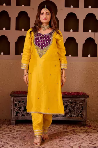 Sheeshphool yellow silk hand embroidered suit set