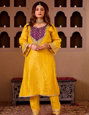 Sheeshphool yellow silk hand embroidered suit set 6