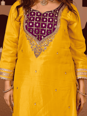 Sheeshphool yellow silk hand embroidered suit set 7