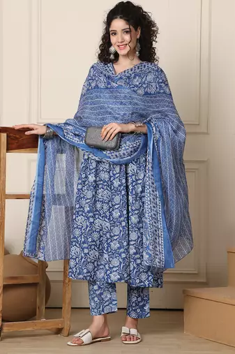 Rajnandini women's cotton blend  floral printed kurta & pant with dupatta