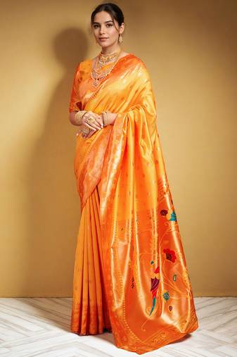 Orange paithani silk blend saree with zari detailing and blouse