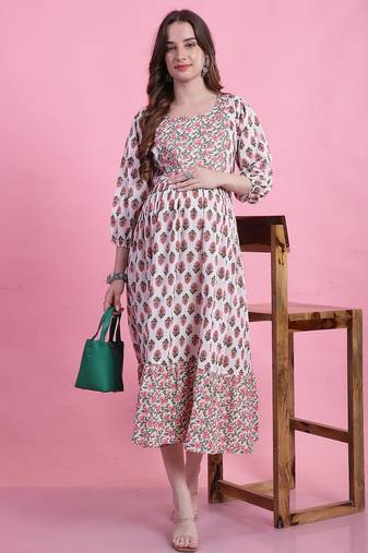 Rajnandini women's pure cotton jaipuri printed maternity gown with zipper
