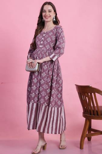 Rajnandini women's cotton jaipuri printed maternity gown with zipper